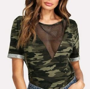 Shein  Camo print mesh insert short sleeve tees